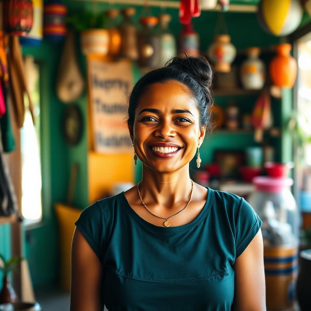 Empreendedora sorrindo dentro da própria loja em Rondônia